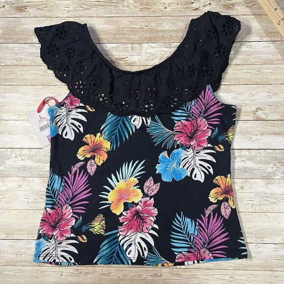 Girls Sleeveless Tropical Print Top W/ Black Ruffle Neckline And Buttons 12/14 L - Picture 2 of 9